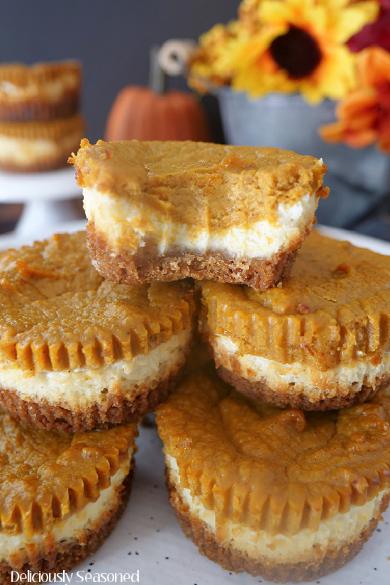 Mini Pumpkin Cheesecakes stacked up on a plate and a bite taken out of the top cheesecake.