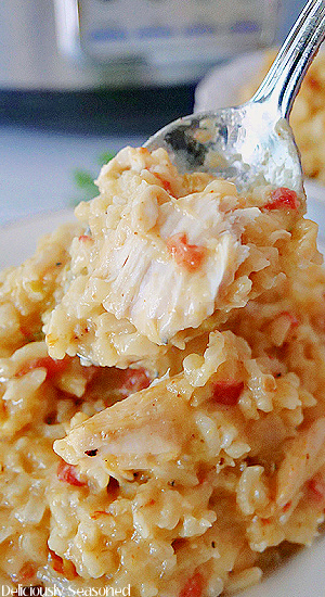 A close up photo of slow cooker chicken and rice on a spoon.
