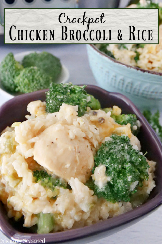 A close up photo of a purple bowl filled with chicken, broccoli and rice with the title at the top of the photo.
