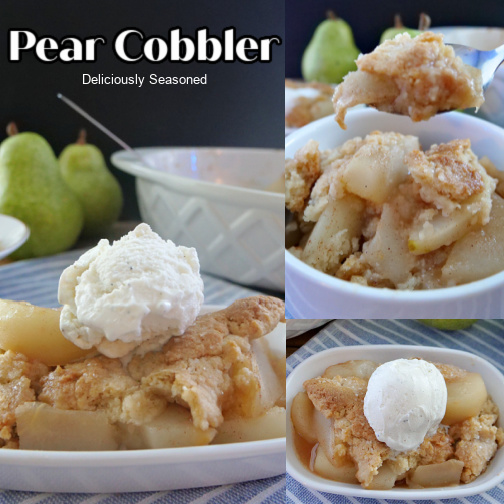 A three photo collage of easy pear cobbler in a white bowl with a scoop of vanilla ice cream on top.