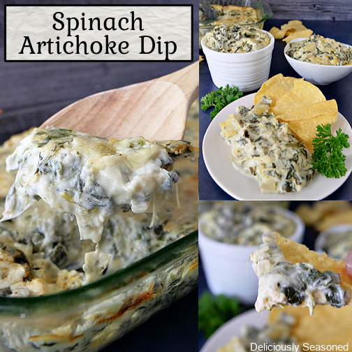 A three collage photo of spinach artichoke dip.