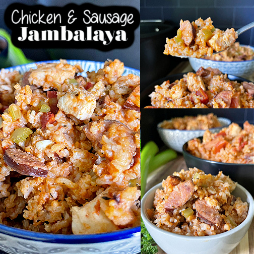 A three photo collage of jambalaya in a white and black bowl, with a black dutch oven and celery stalks in the background.