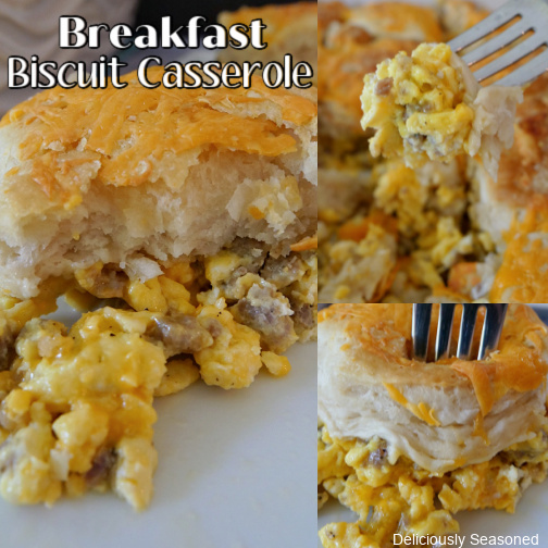 A three photo collage of eggs, sausage, and a biscuit on top, baked to a golden brown.