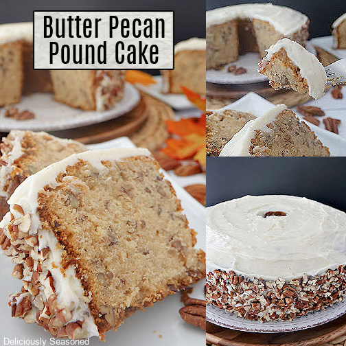 A three photo collage of butter pecan pound cake on a white plate with cream cheese frosting and chopped pecans on the side.