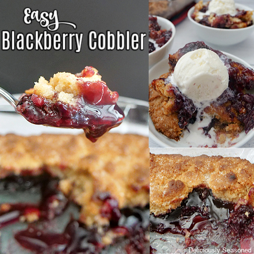A three collage photo of easy blackberry cobbler in a white bowl.