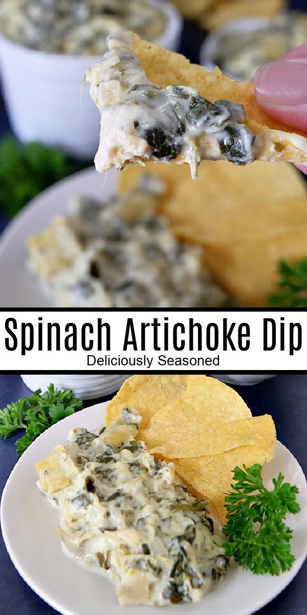 A double collage photo of a white plate with spinach artichoke dip on it along with tortilla chips.