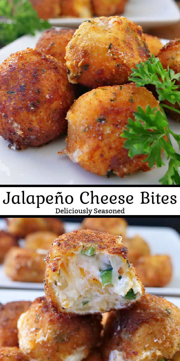 A double collage photo of a white plate with a stack of jalapeno cheese bites on it.