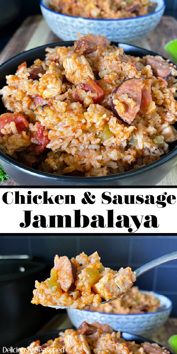 A double pin of jambalaya in a black bowl and another picture of a bite on a spoon.