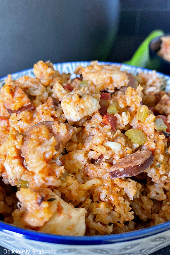 A close up photo of a bowl of jambalaya where you can see chunks of chicken, sausage, diced celery, and green bell peppers.