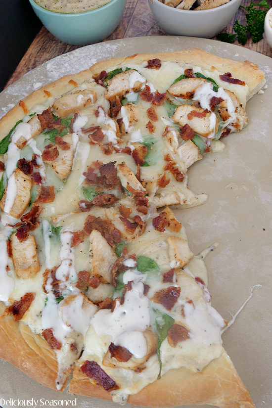 Chicken Bacon Ranch Pizza on a pizza pan.
