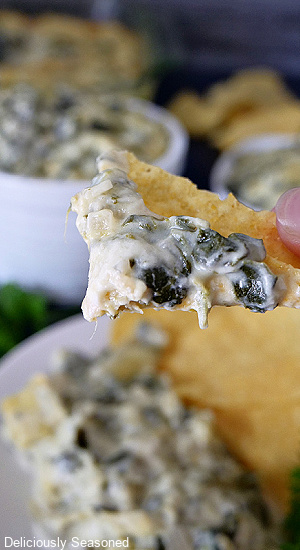 A close up photo of a corn tortilla chip with spinach artichoke dip on it.