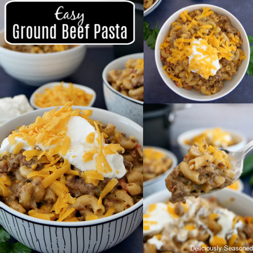 A three photo collage of easy ground beef pasta in a white and black bowl.