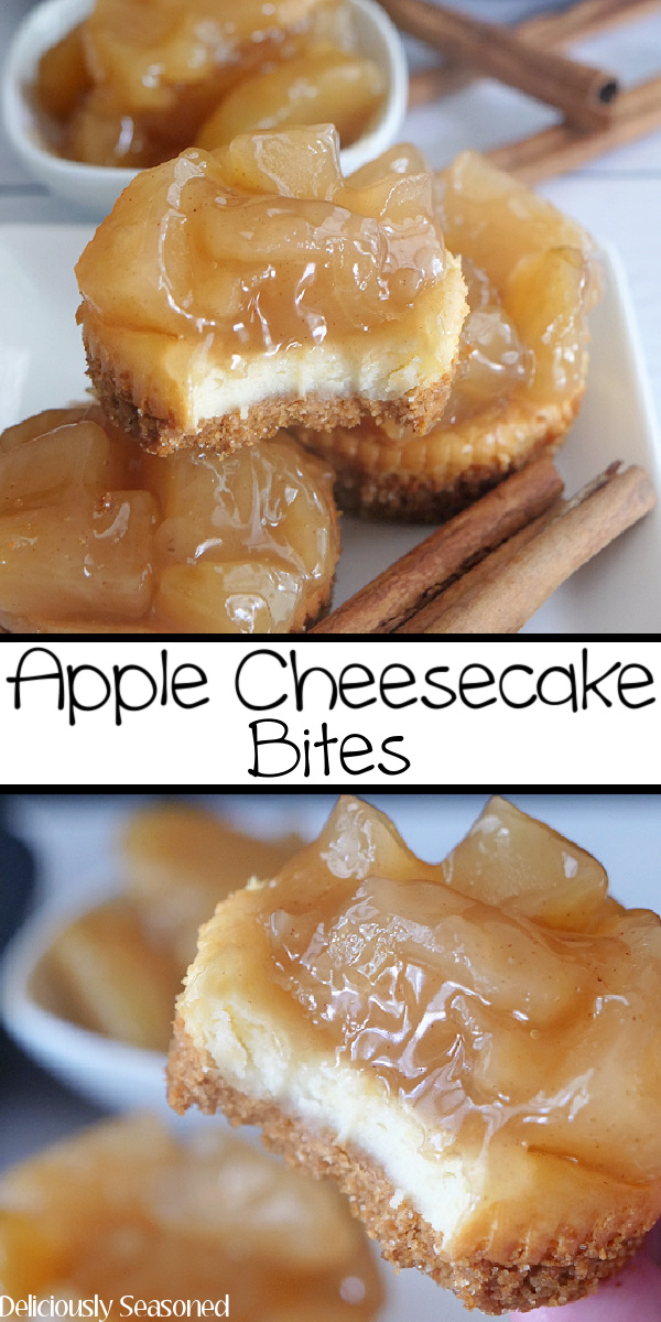 A double collage pin of apple cheesecake bites.