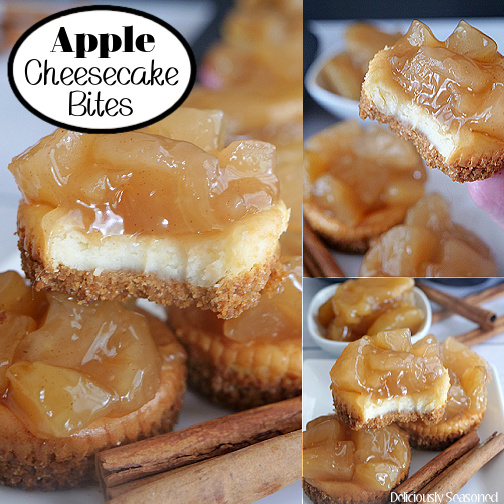 A three photo collage of mini apple cheesecakes.