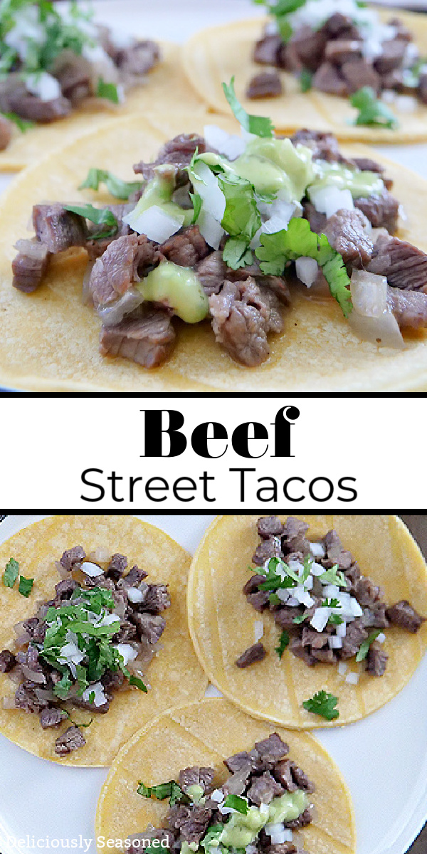 A two photo collage of beef tacos with fresh diced onion and cilantro sprinkled on top.