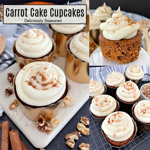 A three photo collage of carrot cake cupcakes on a white tray, another one a wire rack, all topped with cream cheese frosting and a dash of cinnamon. 