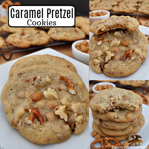 A three photo collage of caramel pretzel cookies on white plates.