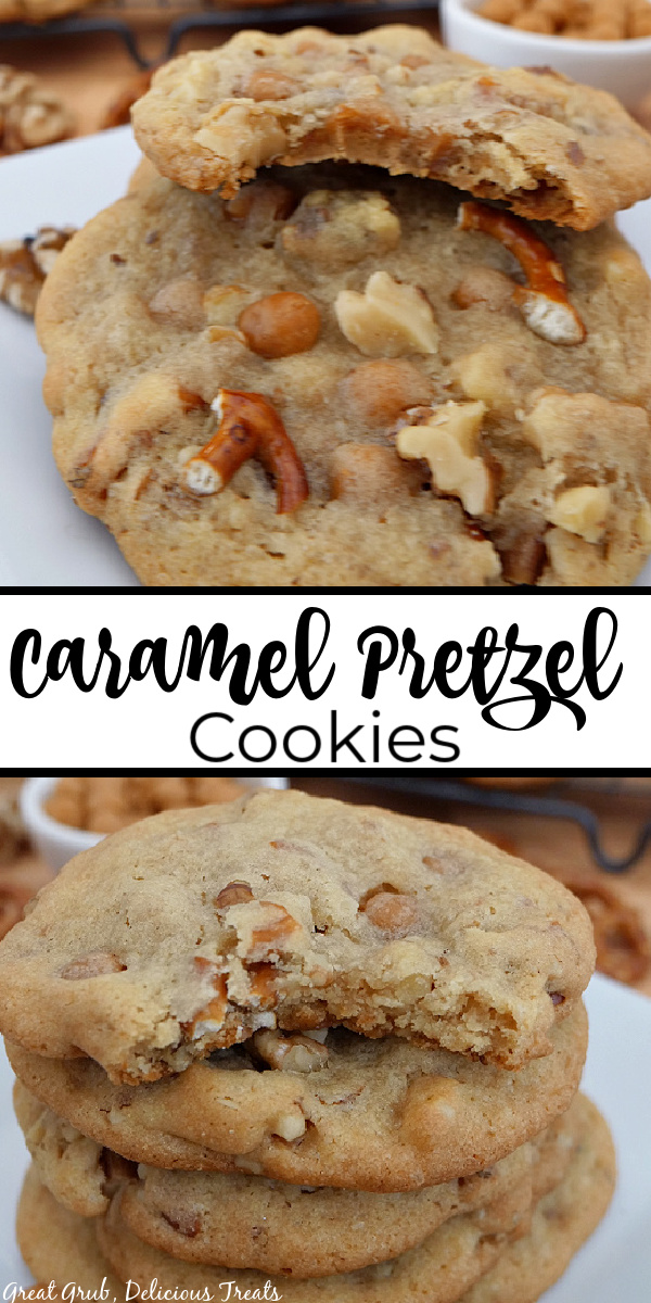 A double collage photo of caramel pretzel cookies on a white plate with the title of the recipe in the center of the photo.