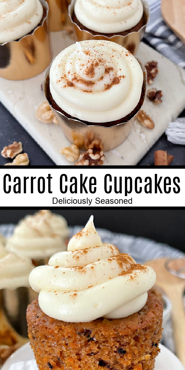 A double pin of carrot cupcakes topped with a white frosting and sprinkled with cinnamon. 