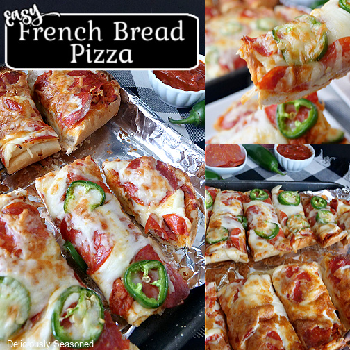 A three collage photo of French bread pizza on a baking sheet covered with foil.