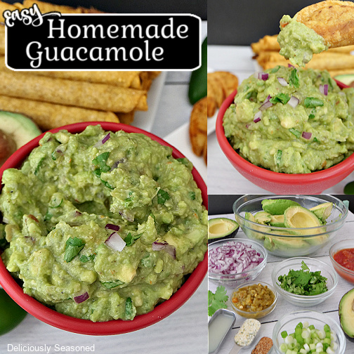 A three collage photo of homemade guacamole.