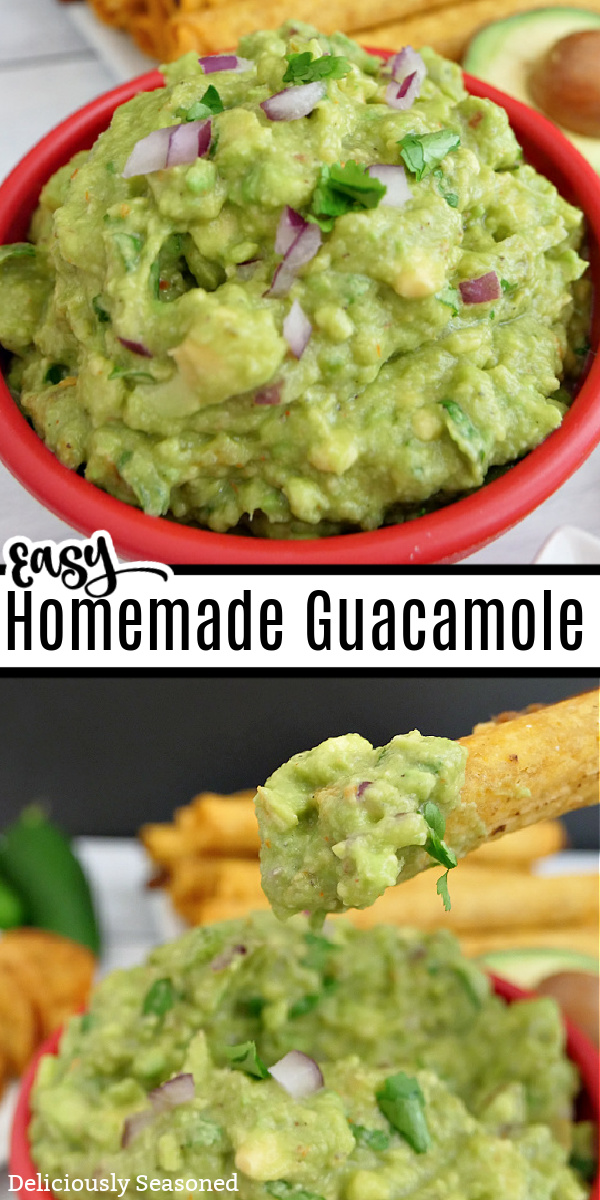 A double collage photo of a bowl of homemade guacamole and a single taquito that has been dipped into the guac.