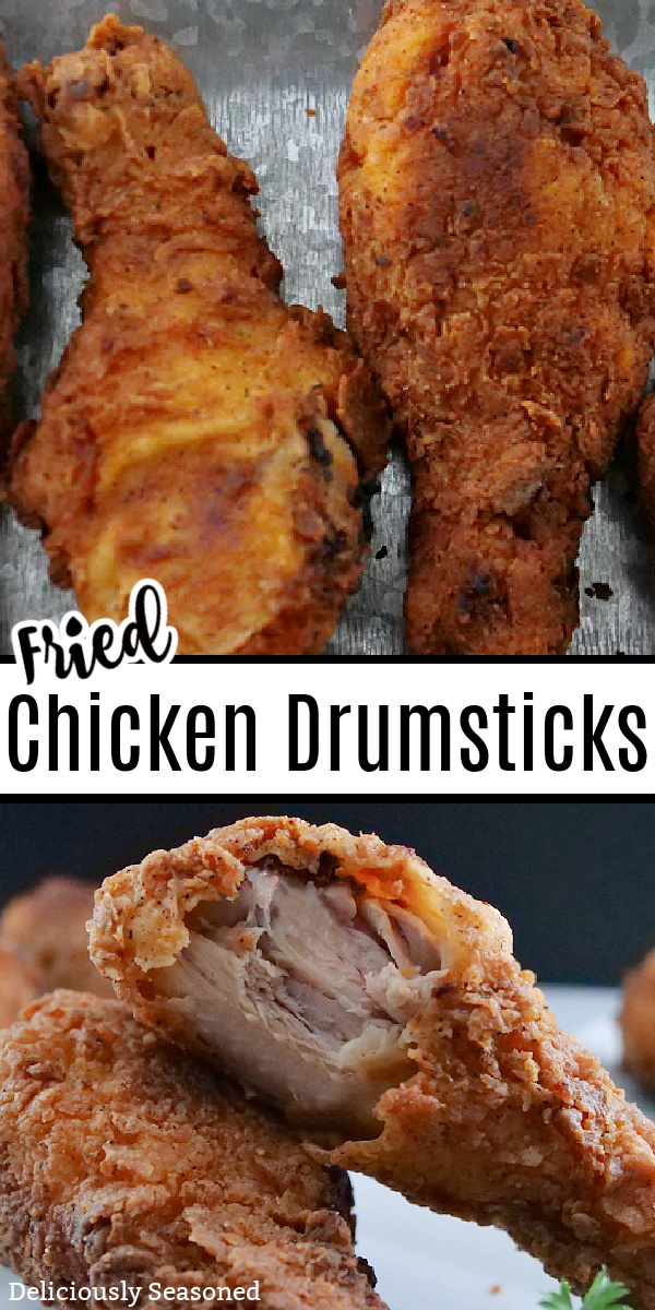 A double collage photo of two fried chicken drumsticks and the title of the recipe in the center of the two photos.