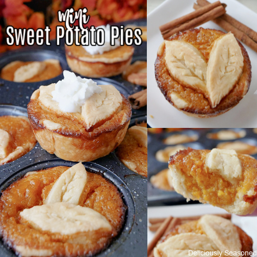 A three picture collage of mini sweet potato pies with the title at the top left. 