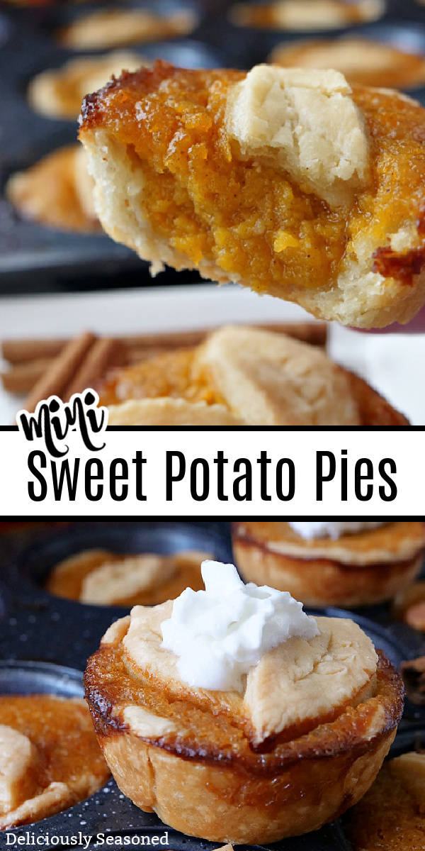 A double picture of mini sweet potato pies with a small dollop of whipped cream on top and the title in the center of the pictures. 
