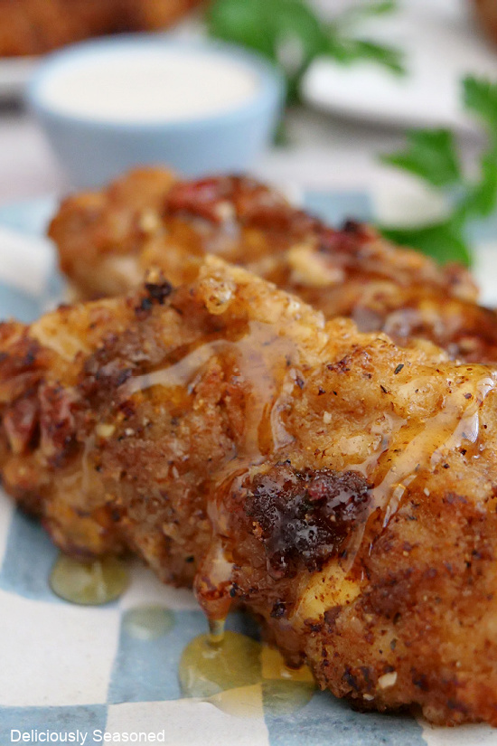 A super close up photo of a pecan crusted chicken strip on a white and blue checkered plate.