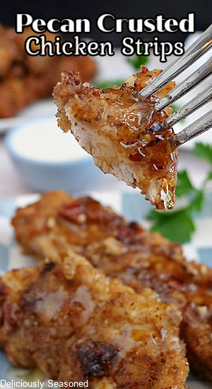 A close up photo of a  bite of pecan crusted chicken on a fork.