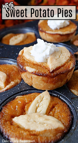 Mini sweet potato pies in a mini muffin tin with the title at the top left corner.