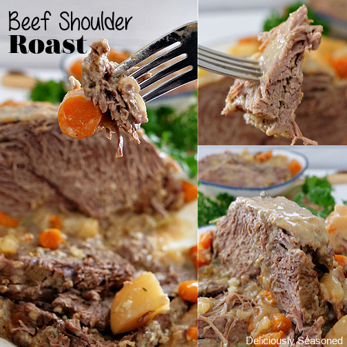A three photo collage of a beef shoulder roast with vegetables.