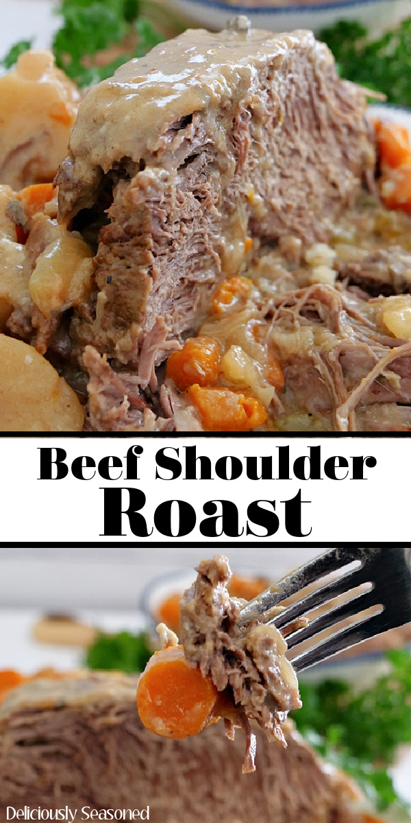 A double collage photo of a beef should roast with the title of the recipe in the center of the two photos.