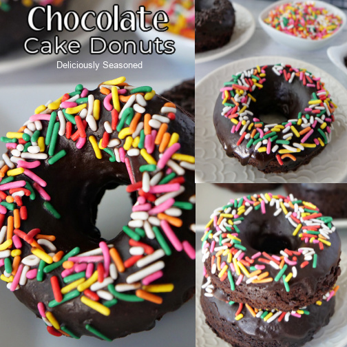 A three collage photo of chocolate cake donuts with candied sprinkles on top.