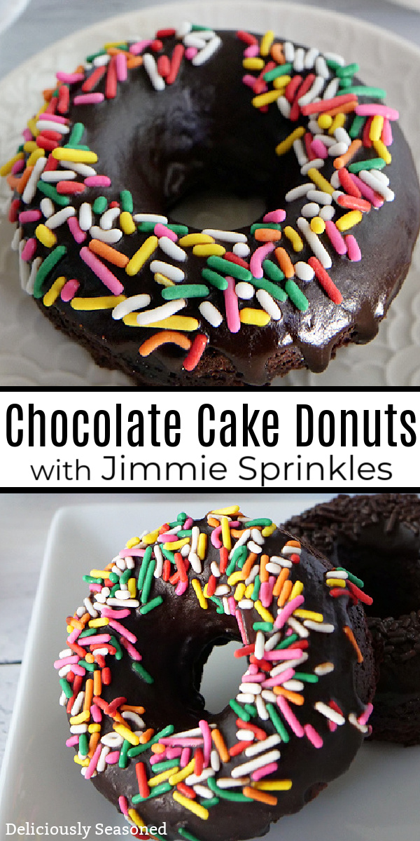 A double collage photo of chocolate cake doughnuts with chocolate frosting and candied sprinkles.