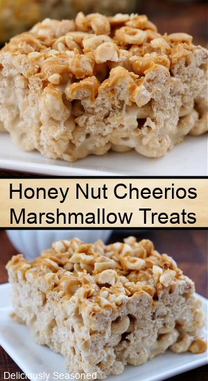 A double picture of Honey Nut Cheerio Marshmallow Treats with the title in the middle.