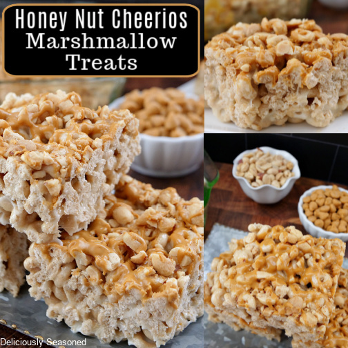 A three collage picture of Honey Nut Cheerio Marshmallow Treats with the title in the top left corner.