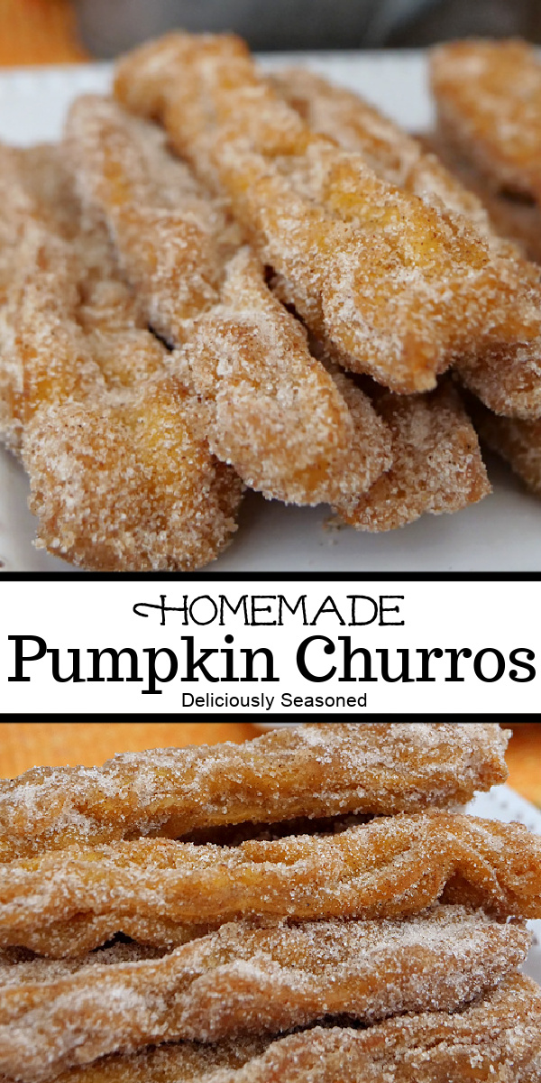 A double photo collage of pumpkin churros on a white plate, covered in cinnamon and sugar.