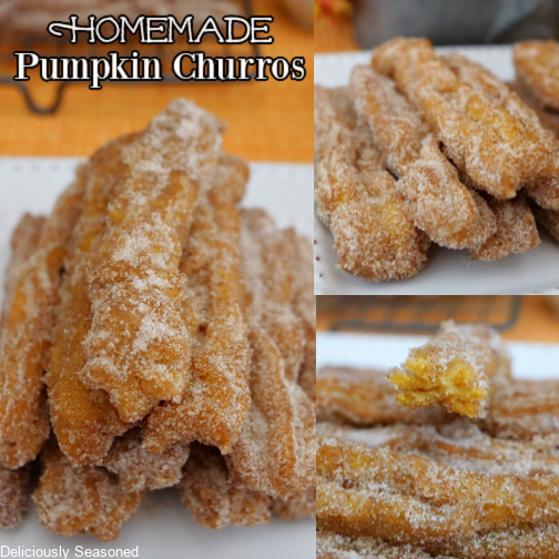 A three photo collage of pumpkin churros on a white plate.