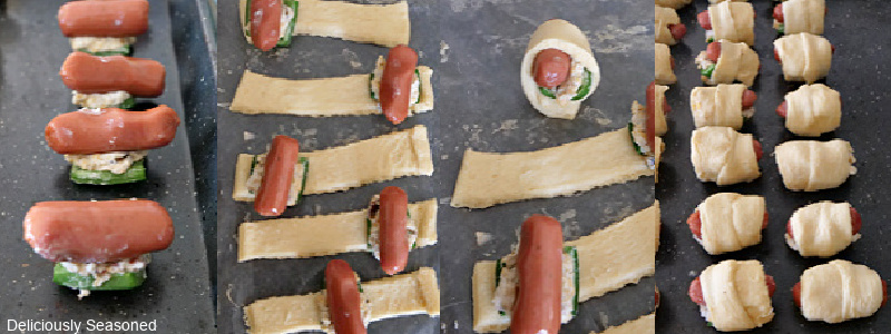 Four small photos in one showing how to make these pigs in a blanket.