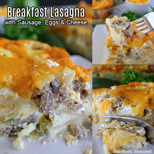 A three photo collage of a slice of breakfast lasagna on a white plate. 