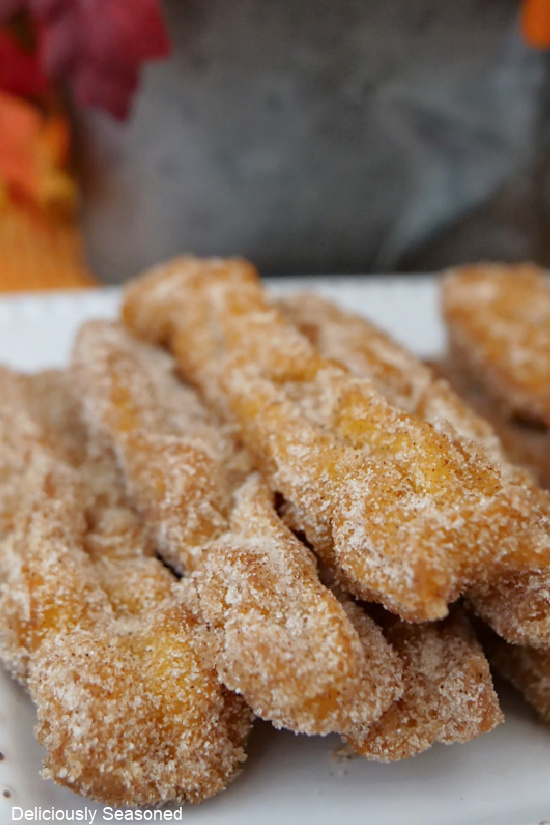 A close up photo of pumpkin churros on a white plate.