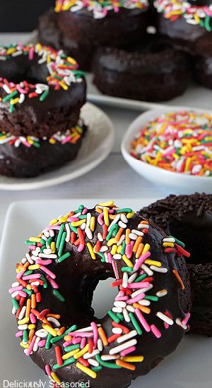 Two chocolate doughnuts on a white plate, one with colorful sprinkles and one with chocolate sprinkles on them.