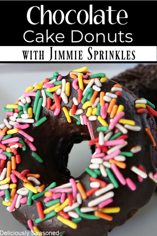 A chocolate donut with Jimmie sprinkles on it with the title of the recipe at the top of the photo.