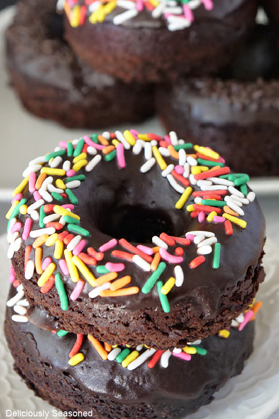 Two chocolate doughnuts stacked on top of each other with candied sprinkles on them.