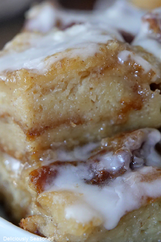 A close up photo showing layers of the bread pudding.