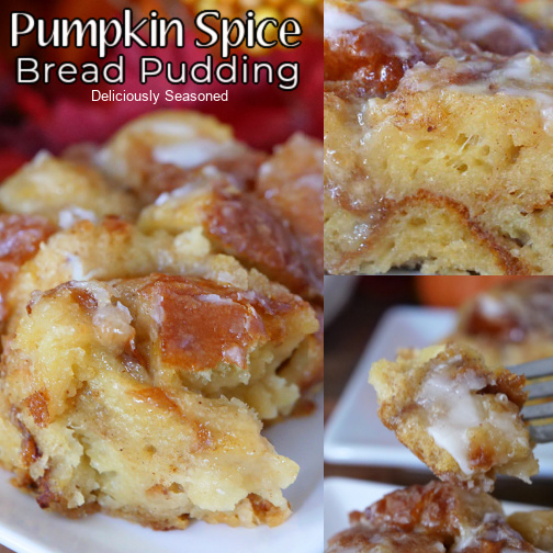 A three collage photo of pumpkin spice bread pudding.
