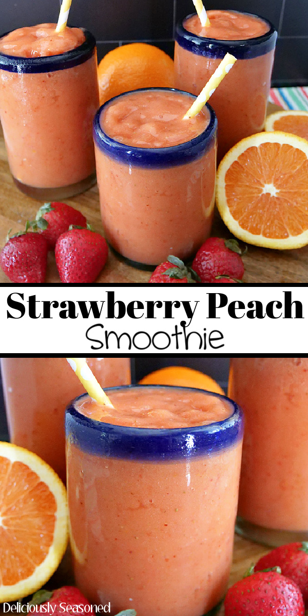 A double picture of Strawberry Peach Smoothies with the title in the middle.
