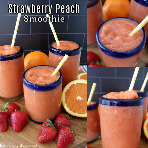 A three picture collage of Strawberry Peach Smoothies with the title at the top left corner.